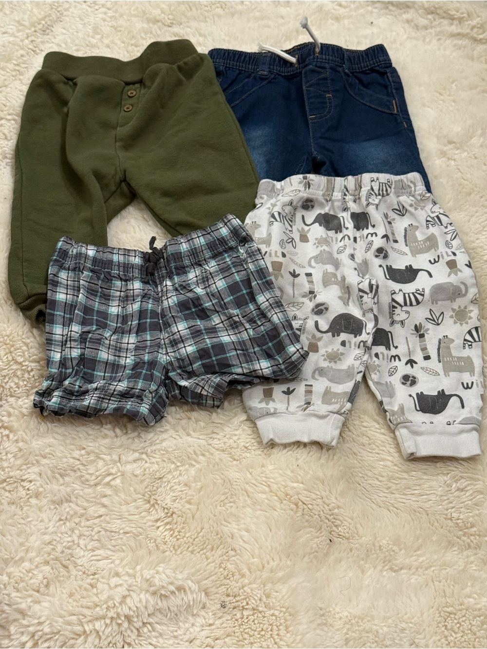 Kids Mixed Pants & Shorts Set - Green, Denim Blue, Plaid, and Animal Print